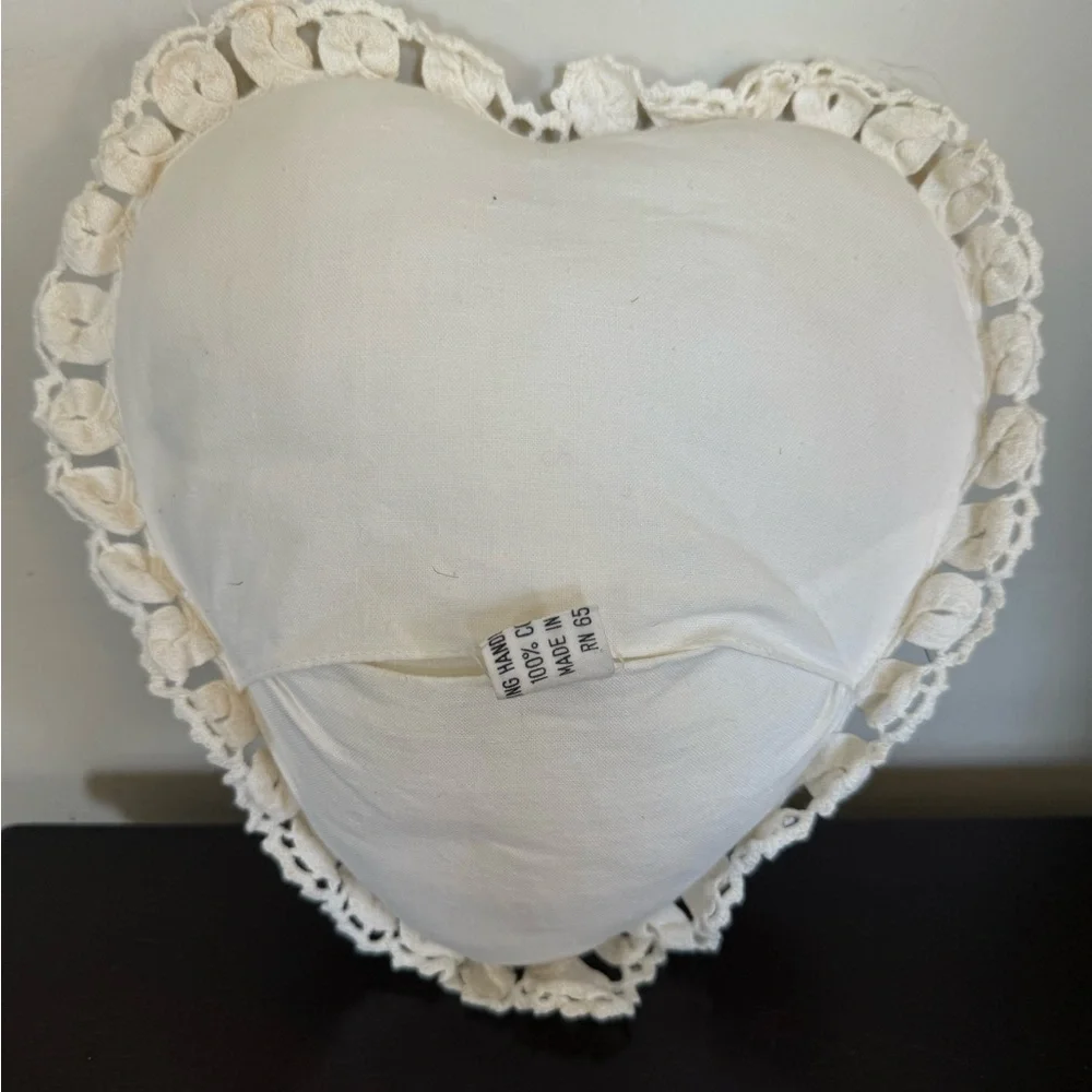 Vintage off white‎ Heart-Shaped Crochet Pillow~10”x9”